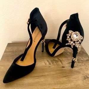 Rhinestone heels black velvet shoes